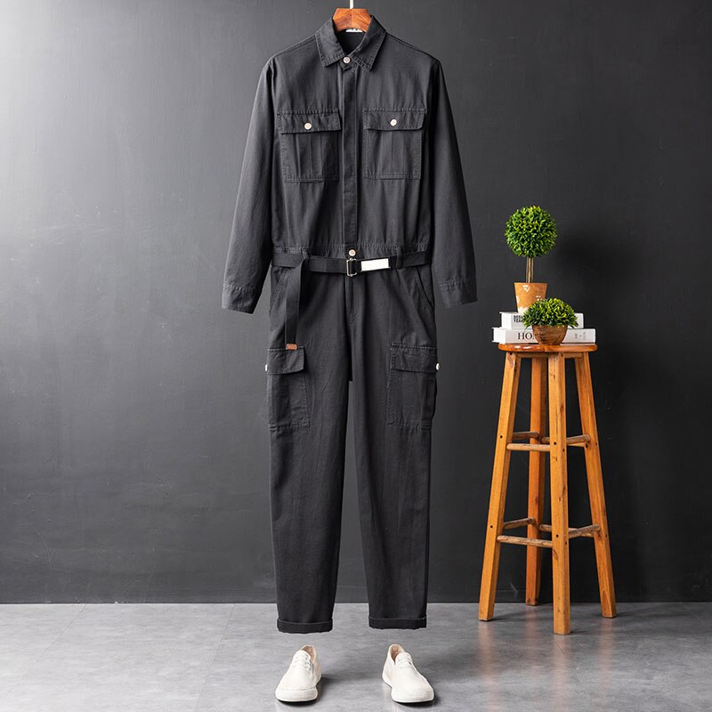 Mono de manga larga de algodón con solapa para hombre, ropa de trabajo japonesa, holgada, con múltiples bolsillos, pantalones Cargo, color caqui y negro: L  62.5 - 70 KG / Black