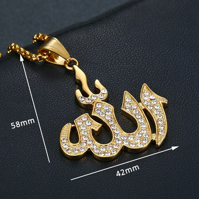 Hip Hop Iced Out Round Allah Pendant Necklace Stainless Steel Islam Muslim Arabic Gold Color Prayer Jewelry: XL1020 / 68cm