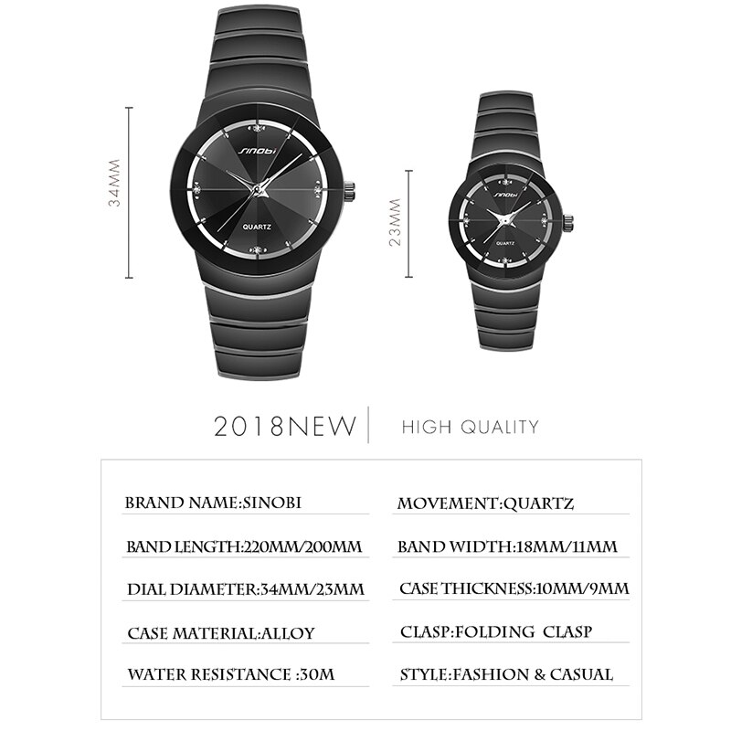 Sinobi merk paar schrijf horloge zwarte kleur armband sluiting quartz polshorloge voor dames en heren