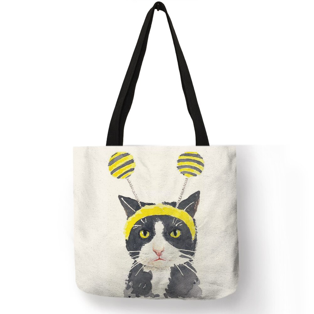 Cute Cat Print Reusable Shopping Bag Women Bags Summer Tote Bag Traveling School Bags B06034: 005