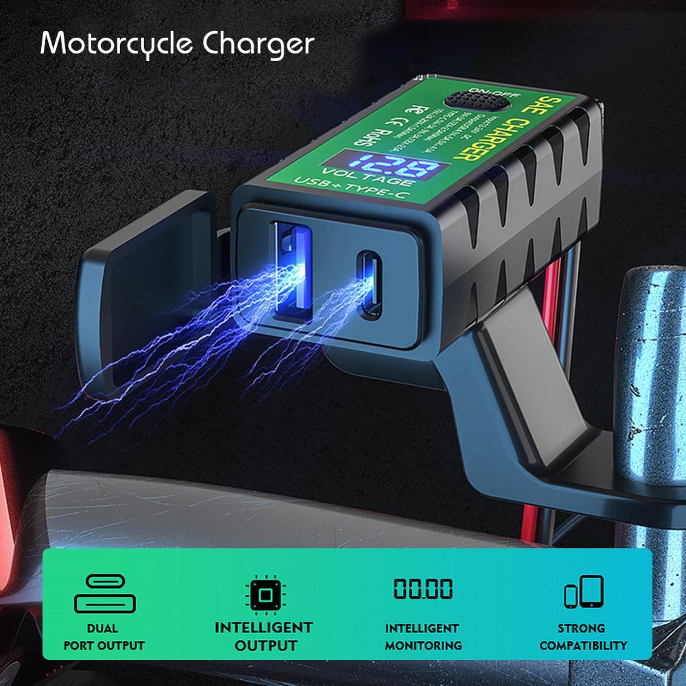 Motorcykel usb laddare voltmeter skoter 12v universal vattentät char sae uttag mobiltelefon typ c port