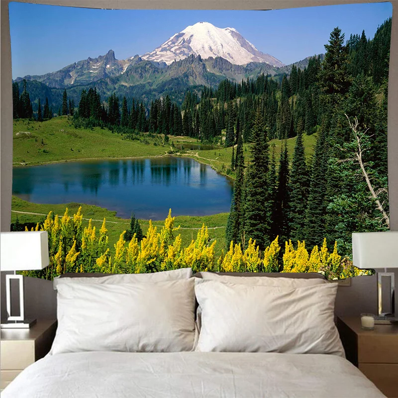 Tapiz de montañas y lagos, paisaje Natural, arte colgante de pared, tela fina, manta de techo para el hogar: 172 x 205 cm / Marrón oliva