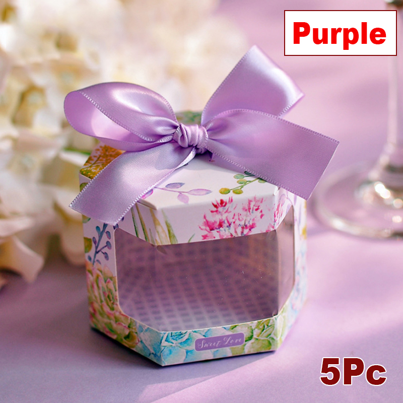 5Pcs Vintage Bloemen Gedrukt Dozen Snoep Hexagon Vorm Dozen Met Strik Lint Wedding Party Candy Chocolade Wikkelen Doos: D