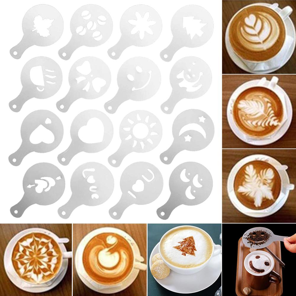 16 stk kaffestencils sæt tegneværktøjsfabrikant fancy kaffe printer model plast skabelon skimmel til køkken coffeeware