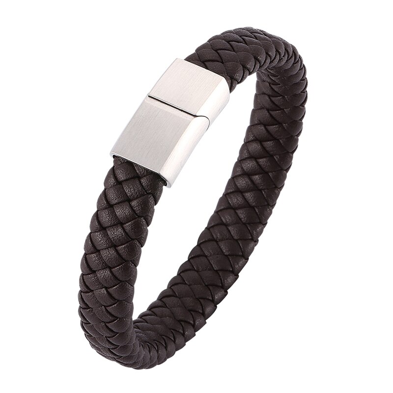 Bracelet Men Braided Leather Bracelet Exquisite Stainless Steel Magnetic Clasps Wrist Band Bangles BB740: Brown 2 / Wearing Length 175mm