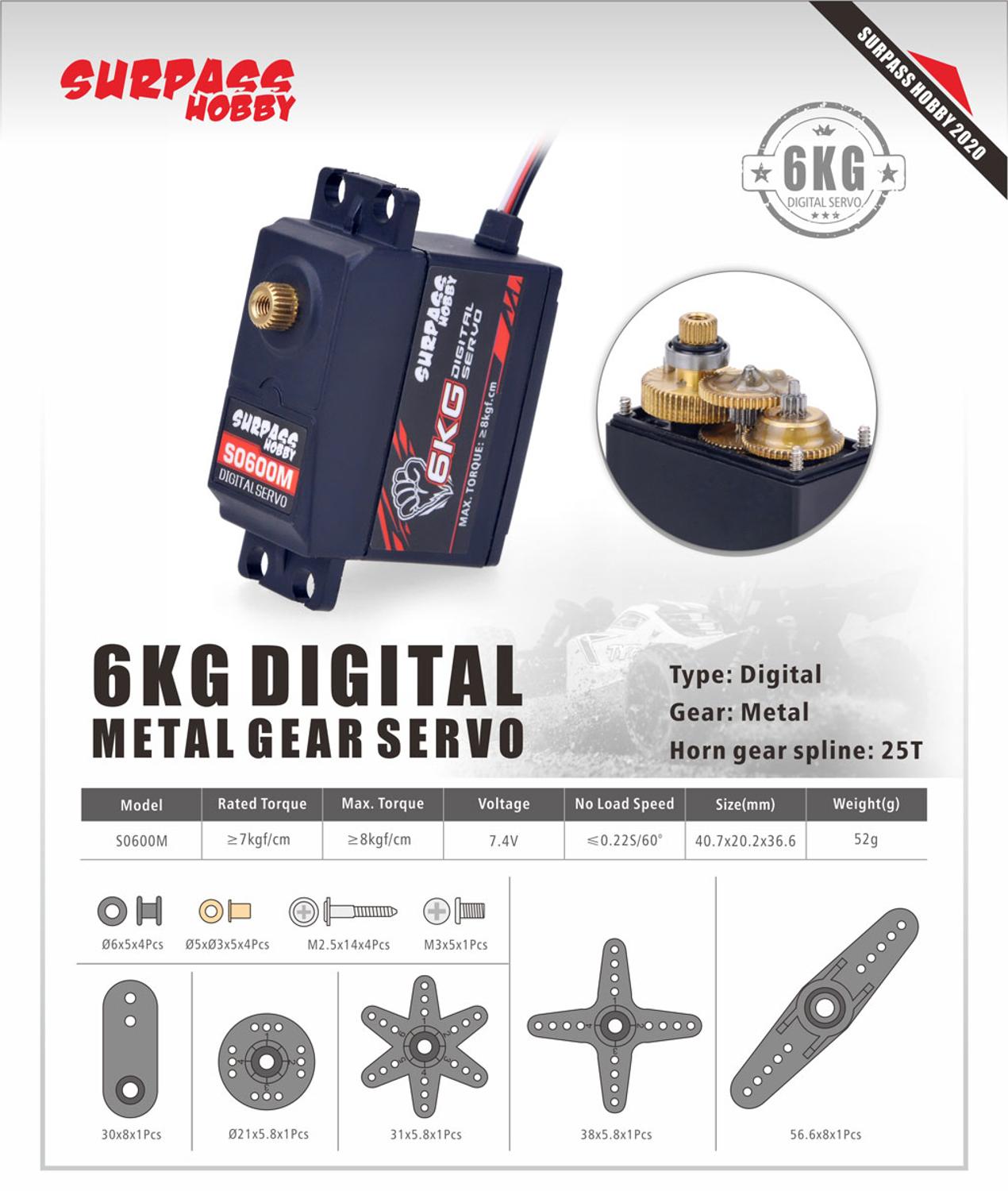 SURPASS Hobby Servo digitale 9G 17G 25G 6KG 9KG 15KG 20kg Servo ingranaggi in metallo per 1/8 1/10 RC auto barca condotto aereo aereo Robot: 6kg S0600M