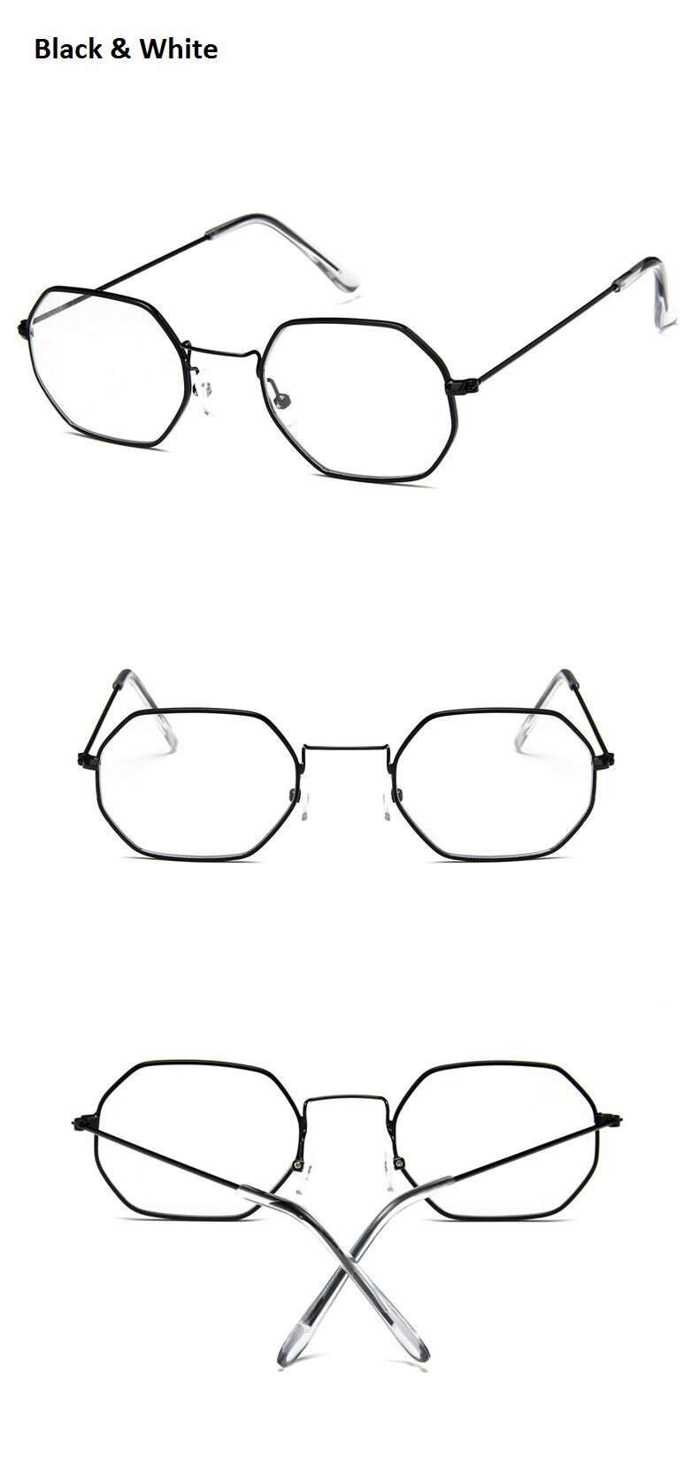 Gafas con montura dorada de aleación hexagonal para hombre y mujer, lentes ópticas Retro clásicas, transparentes, pequeñas: black clear