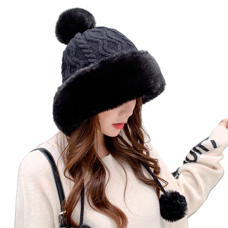 Vrouwen winter warme pluche kabel gebreide bomber muts pompon oorkleppen trapper pet warmer