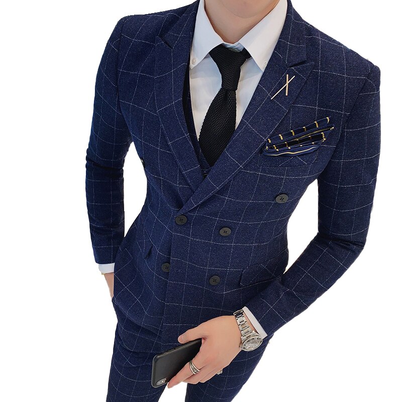 Costume à carreaux pour hommes, veste à carreaux, Boutique, décontracté Business, Double boutonnage, manteau, robe de mariée, costume Slim pour hommes