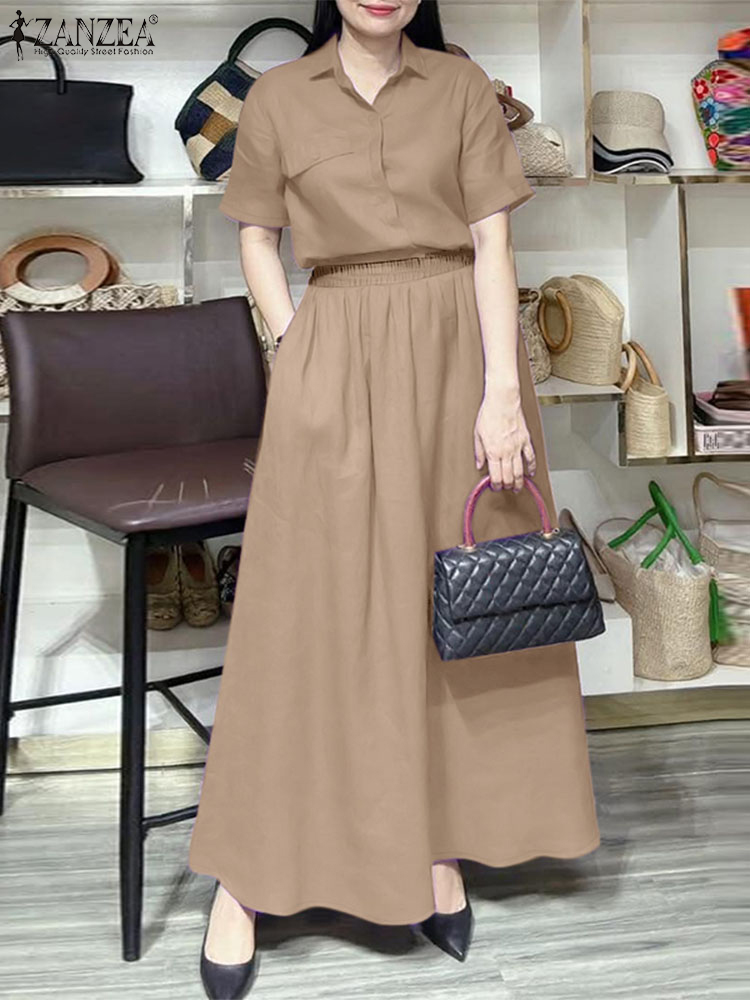 2PCS Outfits Summer Women Dress Sets ZANZEA Solid Work Matching Sets Short Sleeve Shirt Maxi Long Skirt Suit: S / Khaki
