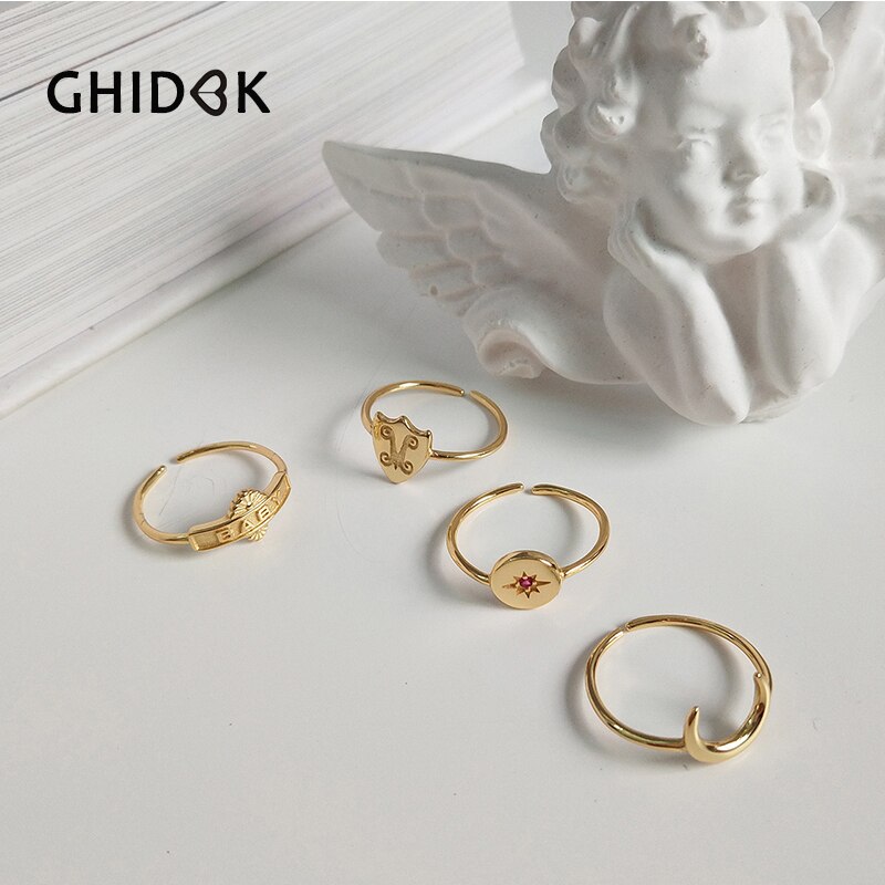 GHIDBK 925 sterlina Argento Anelli Dichiarazione di impostato Oro Starburst Del bambino luna Impilabile Anello per Le Donne Minimalista pila Anello tutto'ingrosso