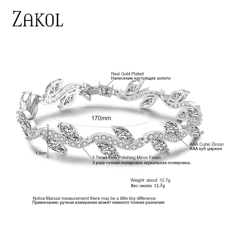 Zakolスパークリング! 白色高品質aaa + czジルコニアストランドテニスブレスレット女性のファッション葉夏ジュエリーFSBP066