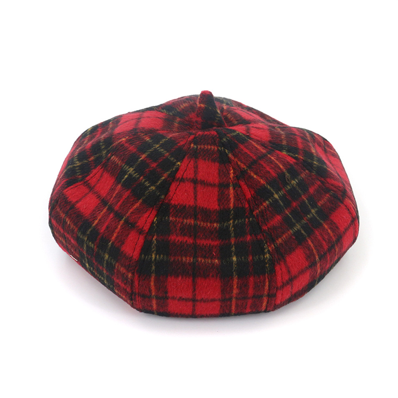 Fs vintage vinter plaid beret hatte til kvinder uldblanding ottekantede kasketter efterår afslappet kunstner kasket sort grå rød khaki: Rød baret