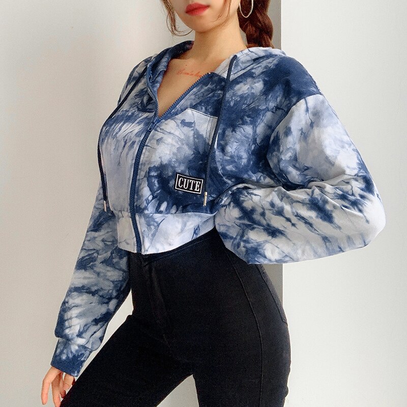 Heyoungirl efterårs tie dye print sweat cropped jakke kvinder harajuku casual langærmede frakker dame streetwear overfrakke