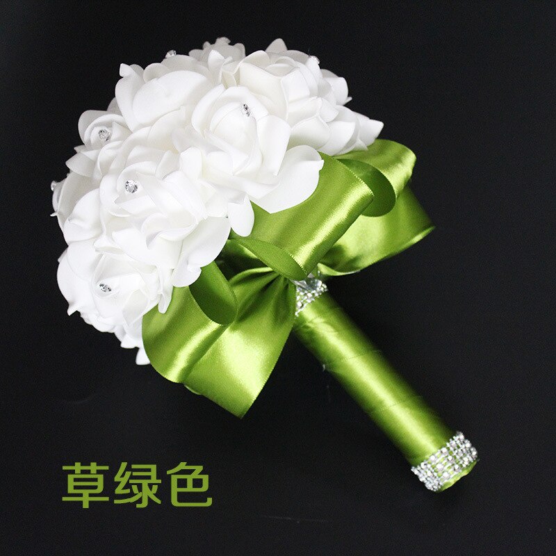 Beautiful White Ivory Bridal Bridesmaid Flower Wedding Bouquet Artificial Flower Rose Bouquet Crystal Bridal Bouquets: Grass green