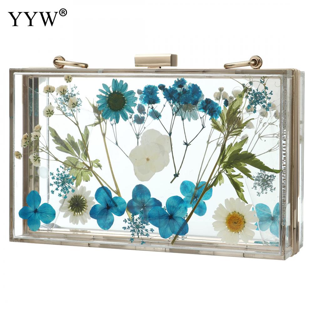 Acrylic Transparent Floral Evening Clutch Wedding Bridal Cute Wallet Women Tote Pack Clear Hard Box Metal Chain Shoulder Bags