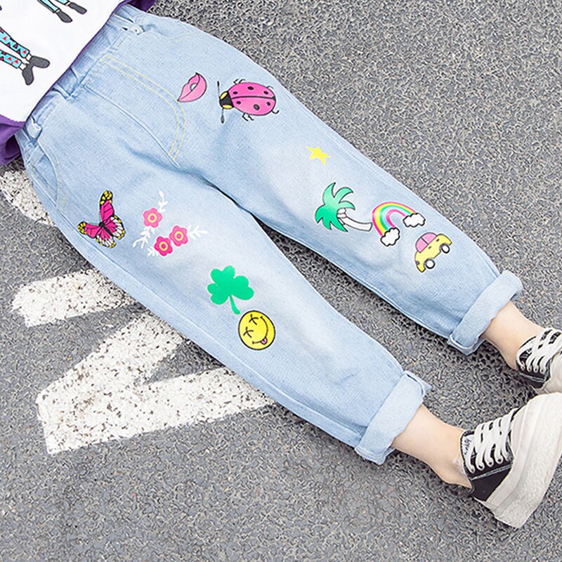 Girls Jeans Pants Spring Denim Jeans ladybug butterfly printing Children Pants Casual Trousers Jeans For Girls Clothes