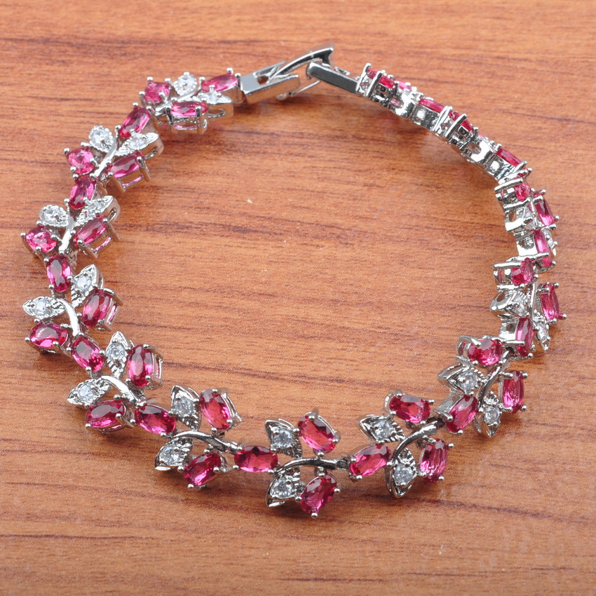 Zilver Kleur Sieraden Set Best Rode Zirconia Bloem Voor Vrouwen Oorbellen Ketting Hanger Ringen Armband Set JS0542