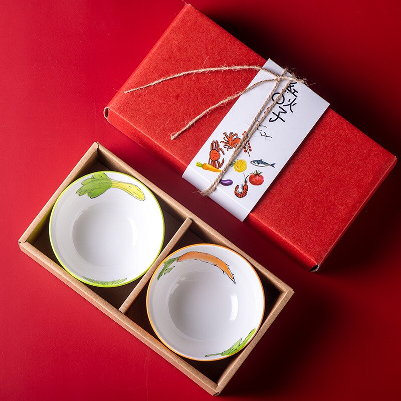 Japanese Ceramic Tableware Set Box Rice Soup Noodle Salad Bowl Seasoning Small Bowl Hand-painted Underglaze Candy Bowl: Vegetables-2 pcs