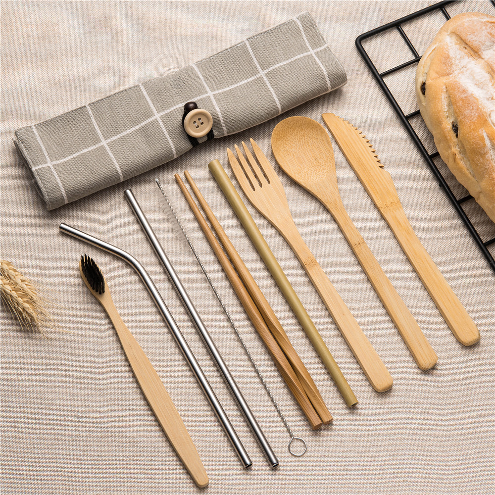 10 stuks Herbruikbare Bamboe Bestek Set Draagbare Servies Houten Bestek Vork Lepel Mes Set met Bestek Tas voor Travel Dinning set: 10pcs set002