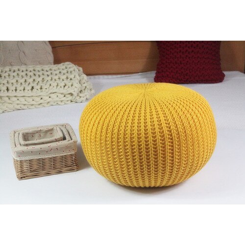 Coussin rond en laine tricoté à la main, POUF de sol, POUF: Yellow