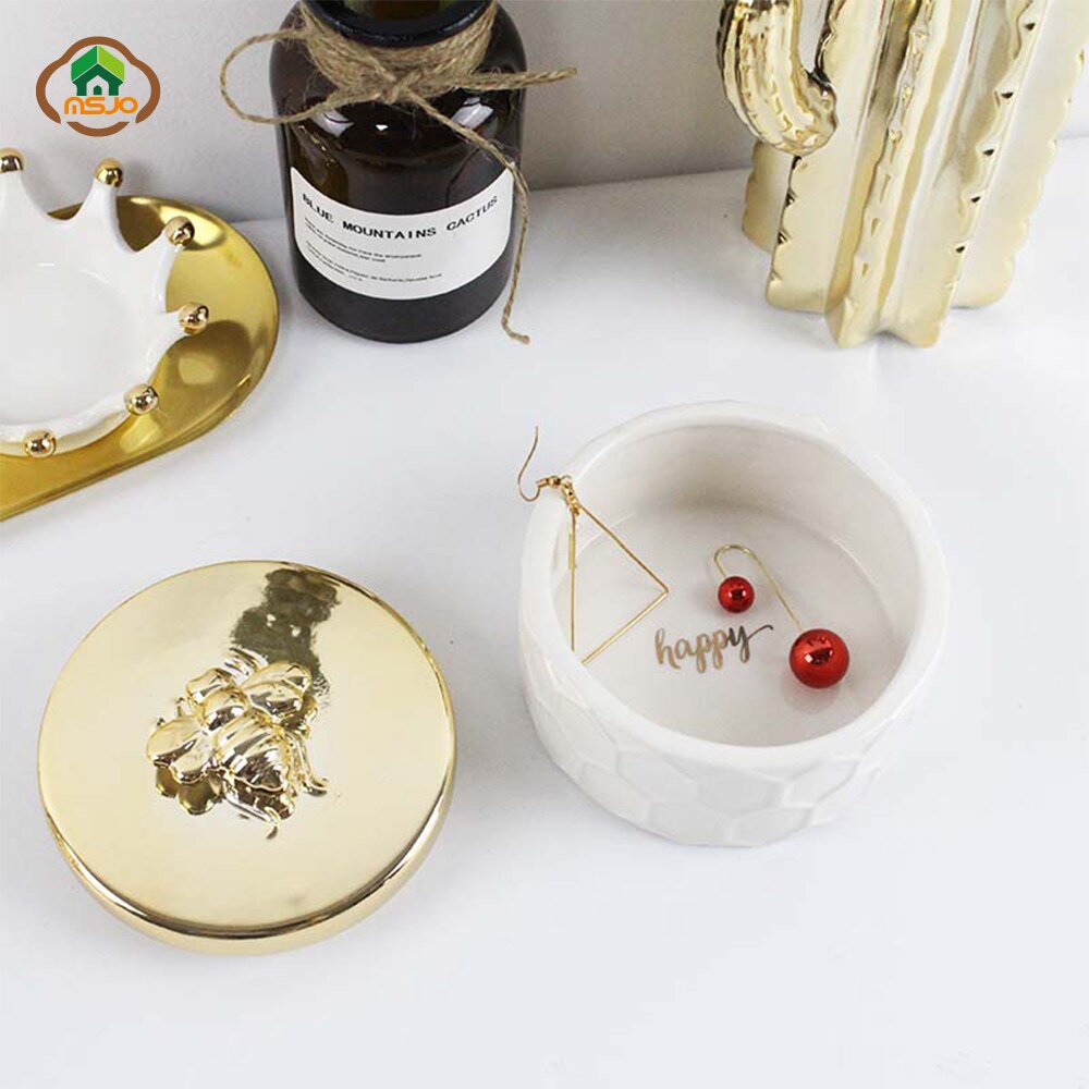 Msjo smykker arrangør opbevaringsboks til kvinder keramiske 3d bier gylden støvtæt dækning hjem deco desktop trinket organisationsboks