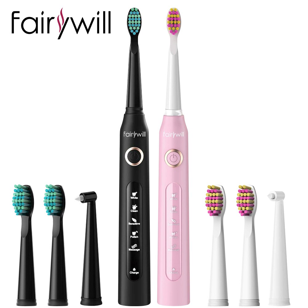 Fairywill Ultrasonic Automatic Electric Toothbrush Timer 5 Modes Rechargeable Toothbrush USB Fast Charging with 3 Brush Heads: ET507-FW-ET507Pink
