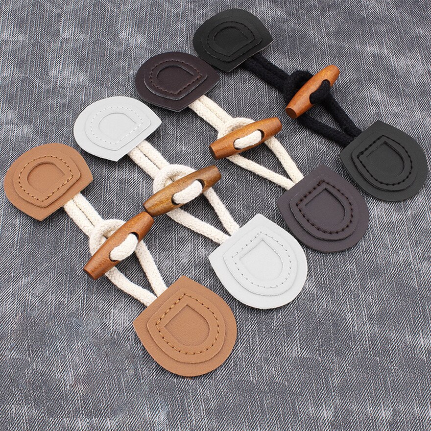 1Set Horn Buttons Duffle Coat Jacket Fasteners Toggle with Leather Patch Buckle Buttons for Overcoat Decor Sewing Accessories