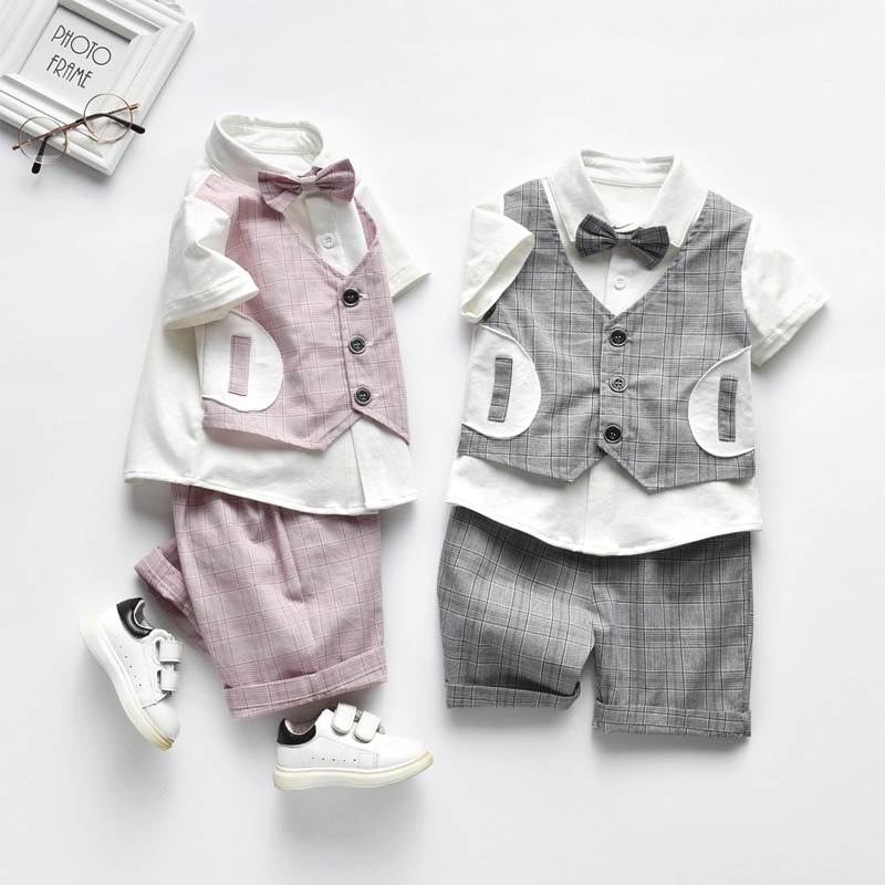 3 conjuntos [camisas + calças] moda pequeno cavalheiro verão xadrez camisa bebê menino festa de algodão crianças roupas 6-36 meses