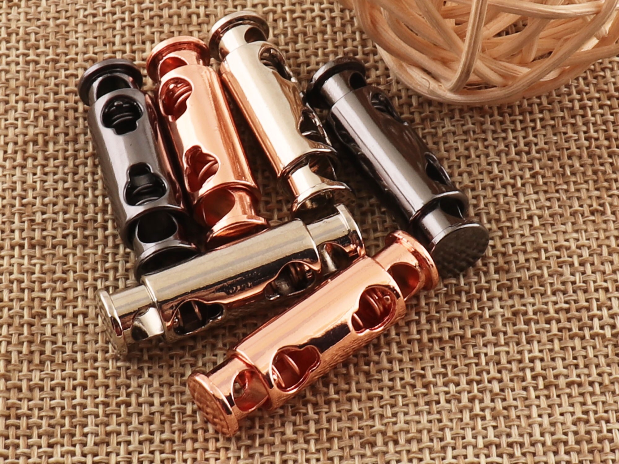 8 pcs Rose Gold/Silver/Gunmetal Double Barrel Toggle Cord Lock Stopper Rope Buckle,Spring Buckle Cylinder Stopper