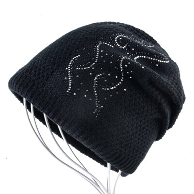 Varm strik beanie med rhinestones vinter dobbelt foring hatte til kvinder fletning ensfarvet skullies beanies dame kasket: Sort