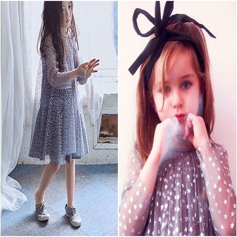 Sukienka dla dziewczynek suknia ślubna kostium księżniczki błyszcząca sukienka urodzinowa dla dzieci gryzmolić srebrna folia drukuj błyszczące gwiazdy szara sukienka z przędzy