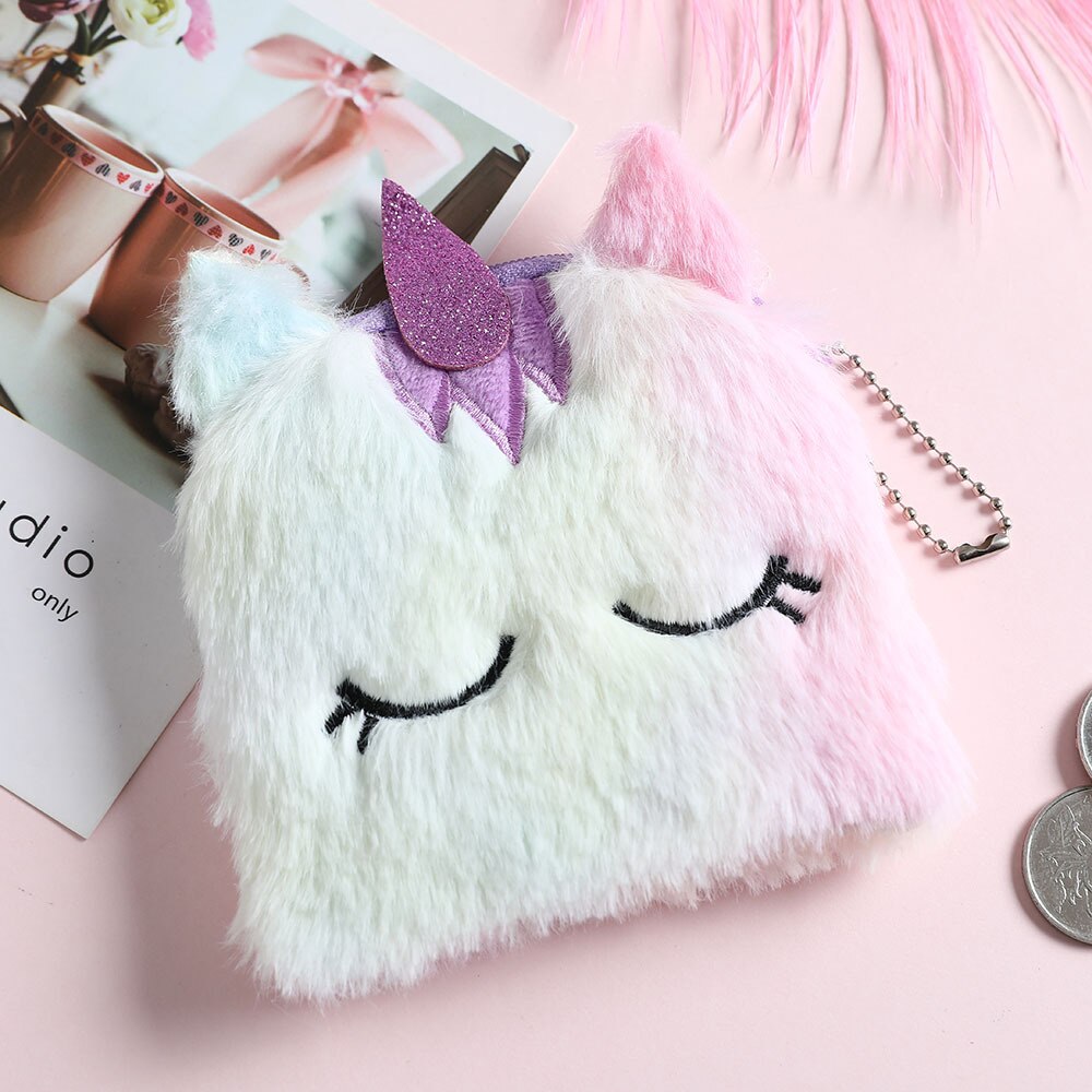 Cartoon Plush Unicorn Coin Purse Cute Cat Fur Circle Wallet Girl Clutch Embroidered Bag Key Earphone Organizer Pouch Kids: Purple