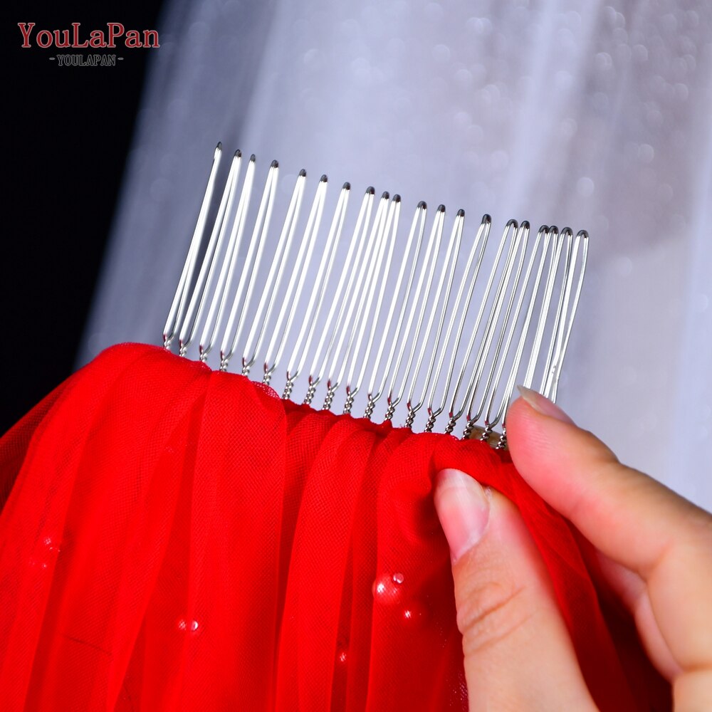 YouLaPan V89 Bridal Veil Red Coloured Bridal Veil Indian Bridal Red Veil with Pearl Cathedral Veil Wedding Baroque Bridal Veil