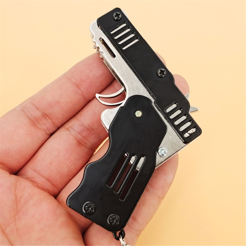 Zinc Alloy Colorful Metal Mini Can Be Folded As a Key Ring Rubber Band Gun Kids Toy Six Bursts Of Rubber Toy Gun