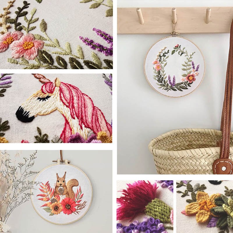 3D Embroidery Starter Kit with Flowers Unicorn Pattern Cloth Europe Style Color Threads Craft Kit With Hoop Embroidery Supplies