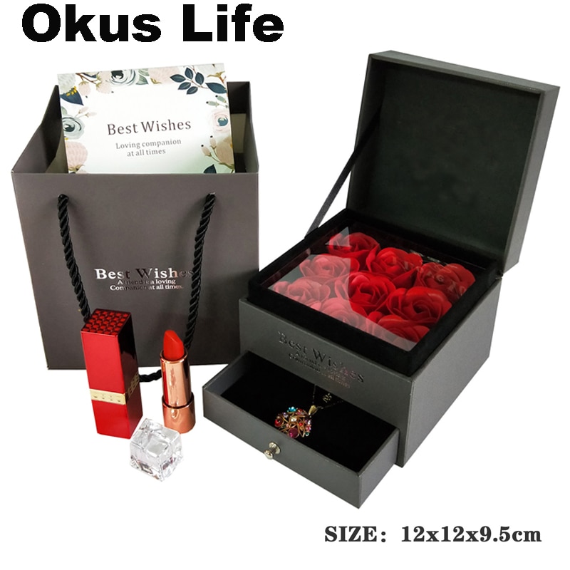 Sieraden Box Set Meisje Vrouwen Oorbellen Ketting Lipstick Make Storage Box Roos Zeep Bloem Verjaardag Bruiloft Verpakking Zak