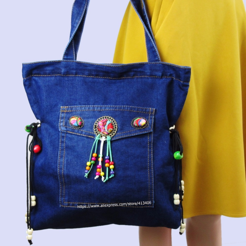 Vintage hmong denim bohemian hobo tas borduurwerk handtassen grote boodschappentassen schoudertassen reistassen kleurrijke pompon charme 1002