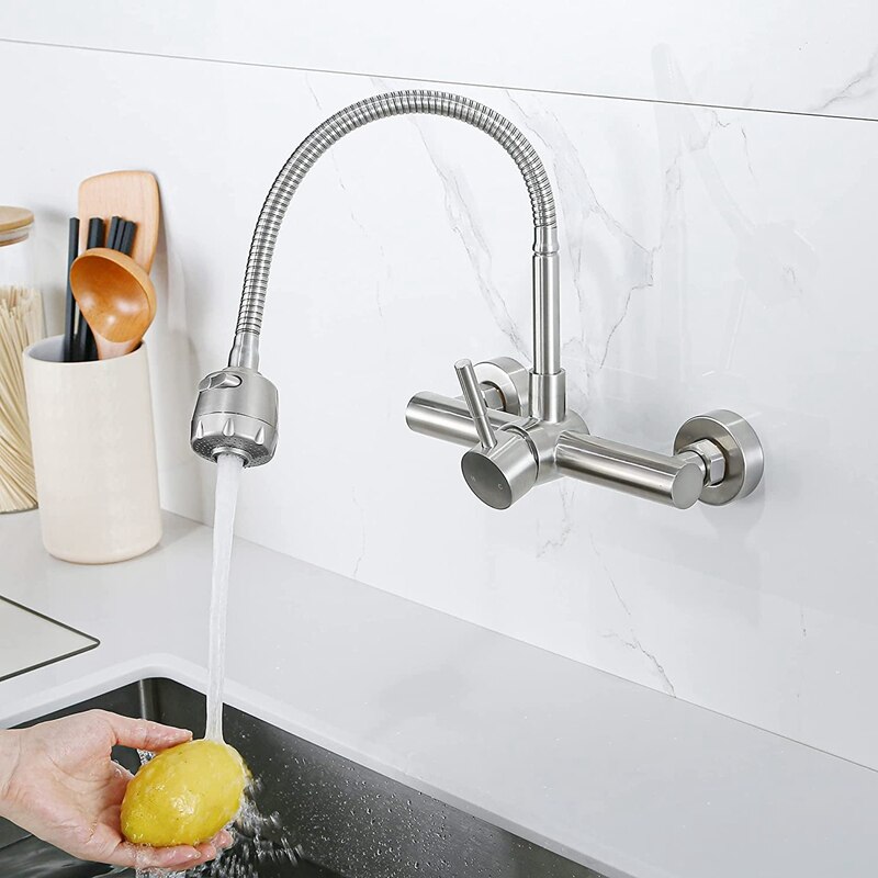Wall Mount Kitchen Faucet 8 Inch Center ,With Dual Function Flexible Sprayer,Mixer Stainless Steel Constructed Bar Tap