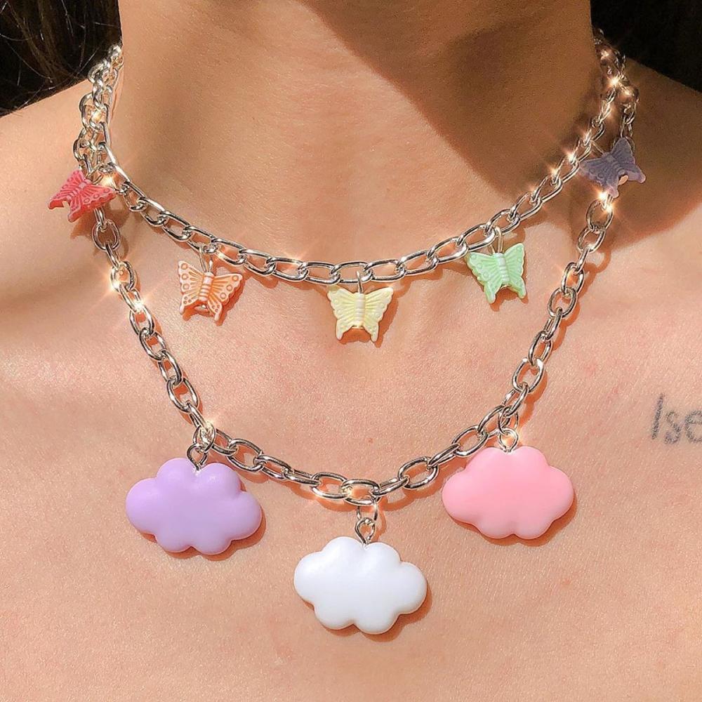 Chic Colorful Clouds Butterfly Acrylic Pendant Necklace For Women Girl Trendy Harajuku Vintage 90s Choker Necklace Jewelry