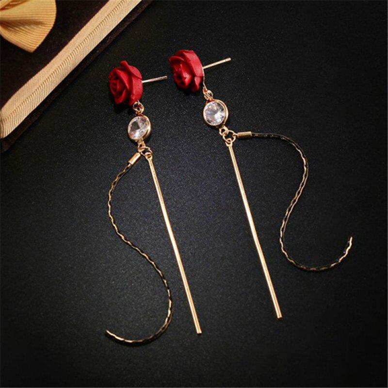 Rode Roos Oorbellen Strass Bloem Oorbellen Herfst En Winter Wilde Lange Tassel Earring Voor Vrouwen Bruiloft Sieraden Accessoires