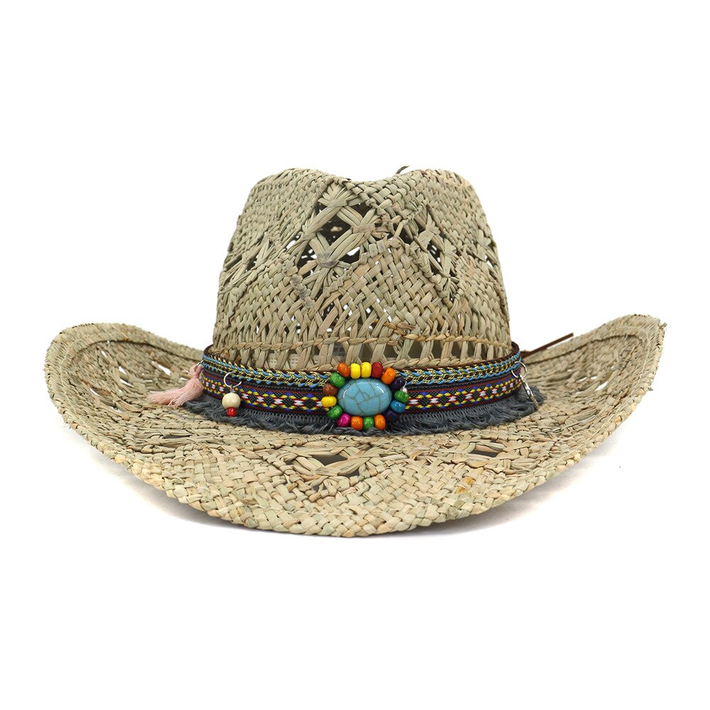 Retro Women Men's Hollow-out Baking Paint Cowboy Western Summer Straw Cowgirl Sun Hat Turquoise Pendant Wood Bead HA191: Default Title