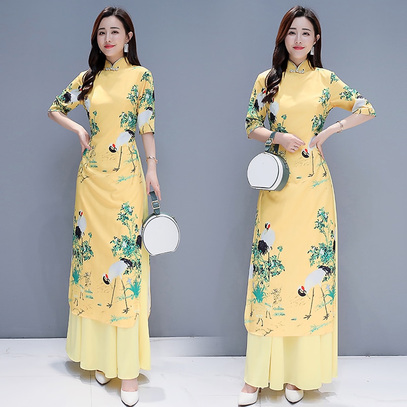 Asian long Qiapo maxi dress Chinese style yellow Ao Dai for women