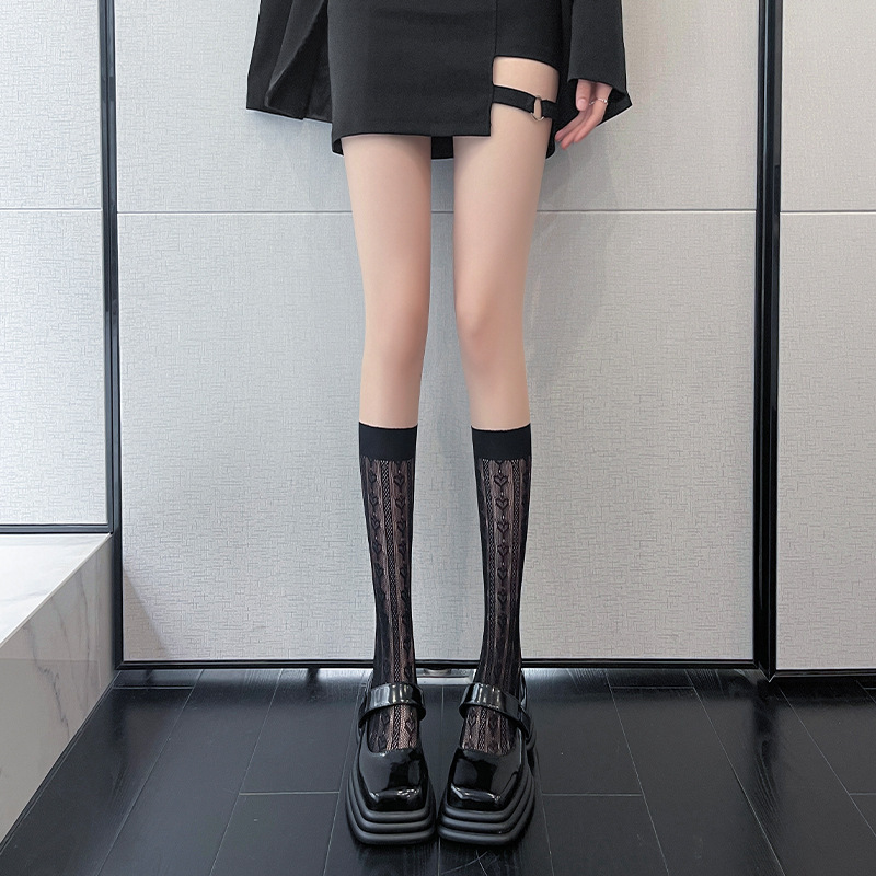 Lace Flower Print Long Socks Lingerie Sexy Mesh Fishnet High Knee Sock Women Summer Thin Transparent Lolita Kawaii Calf Socks: Beige