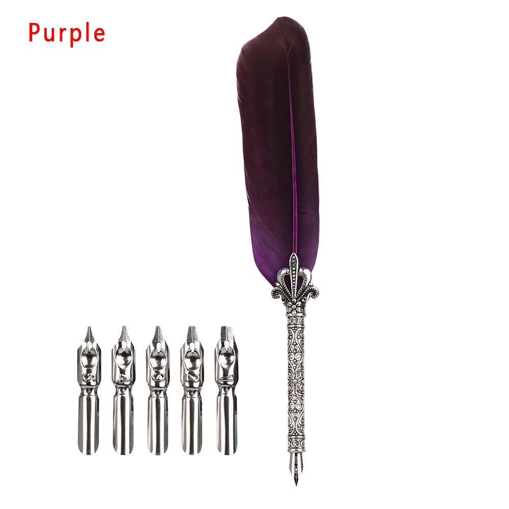 Juego de plumas Vintage con 5 puntas, pluma de flor tallada, pluma oblicua, , herramientas de escritura, suministro escolar y de oficina, 1 Juego: Gris claro