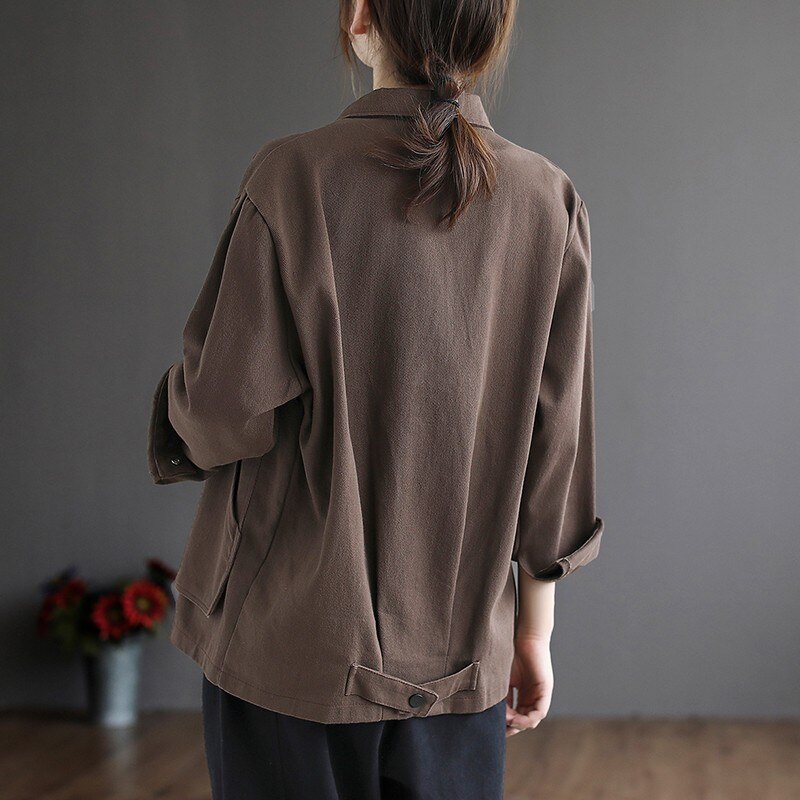 Vrouwen Lange Mouw Katoen Casual Jassen Herfst Vintage Stijl Turn-Down Kraag Losse Vrouwelijke Bovenkleding Jassen B1115