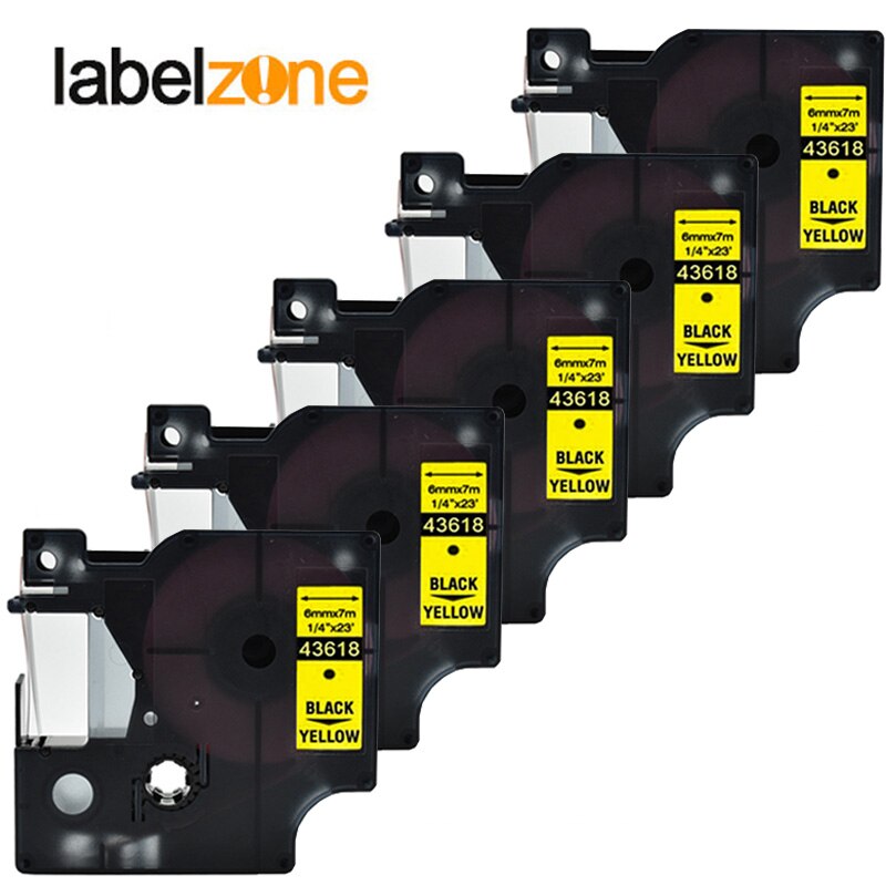 5 Pack Dymo D1 43618 Label Tape - 6mm x 7m Black on Yellow - Compatible with Dymo LabelManager LM160 LM280