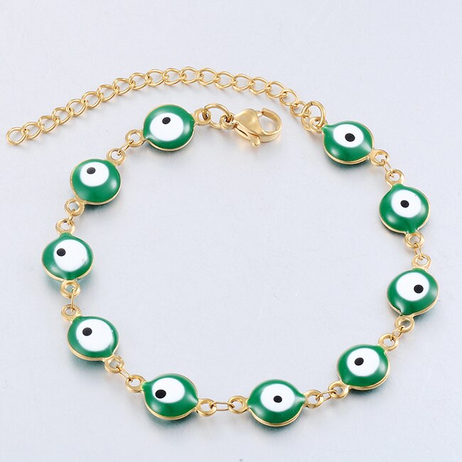Stainless Steel Bracelet 7 Colors Evil Eye Enamel Bead Bracelet Jewelry Men And Women 6mm Width 18cm+3cm Length: Green