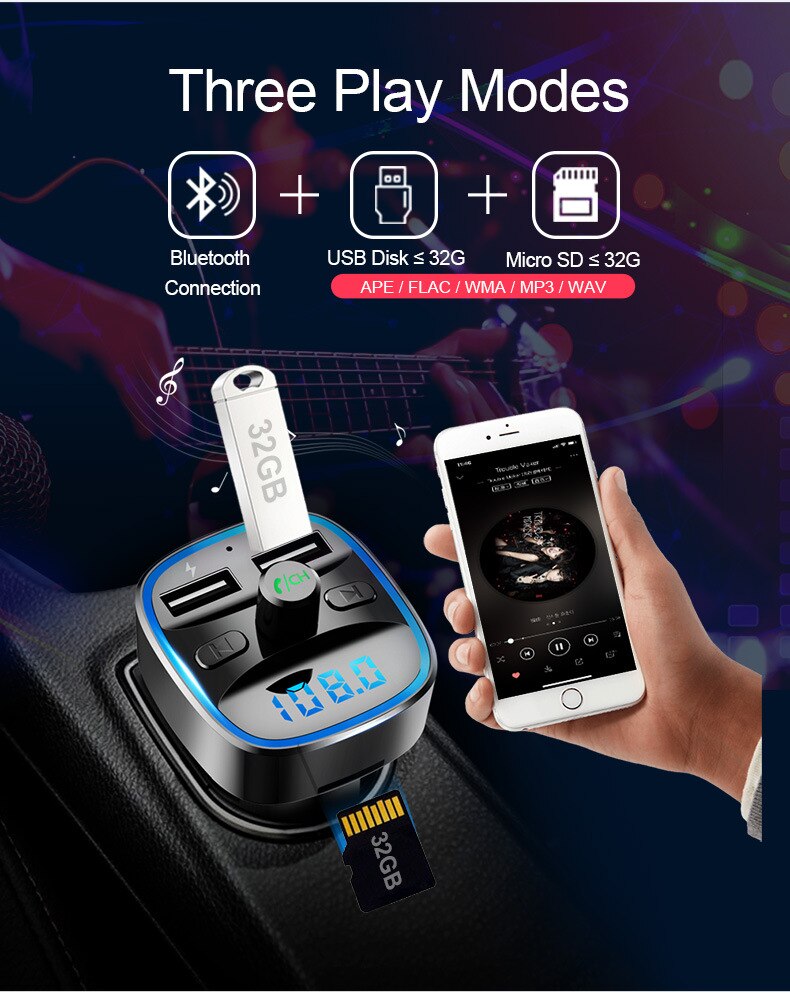 Siparnuo Bluetooth Fm Zenders Fm Modulator Bluetooth Zender Auto Hand Gratis Transmisor Bluetooth QC3.0 2 Usb Auto MP3 T25