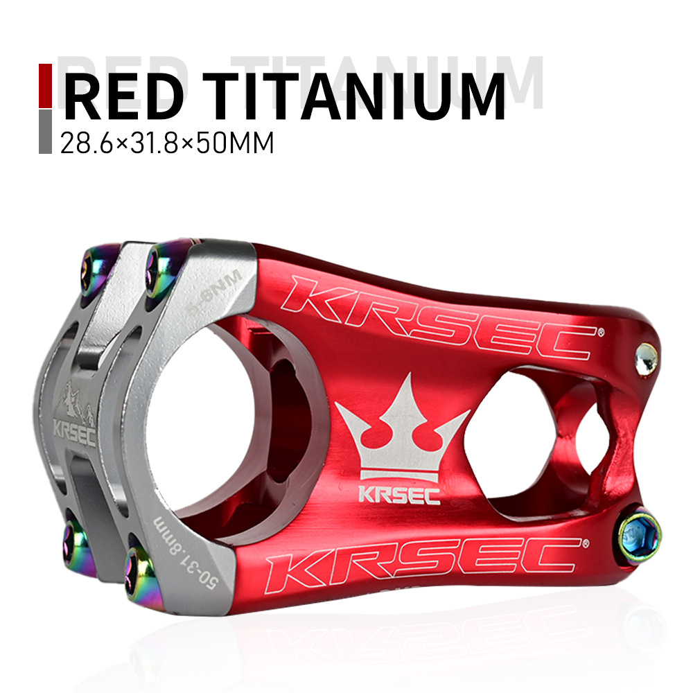 KRSEC bicycle stem mtb stem ultra-light CNC hollow aluminum alloy short stem DH/FR/XC/AM 31.8*28.5*50mm riser bicycle parts: red and Titanium